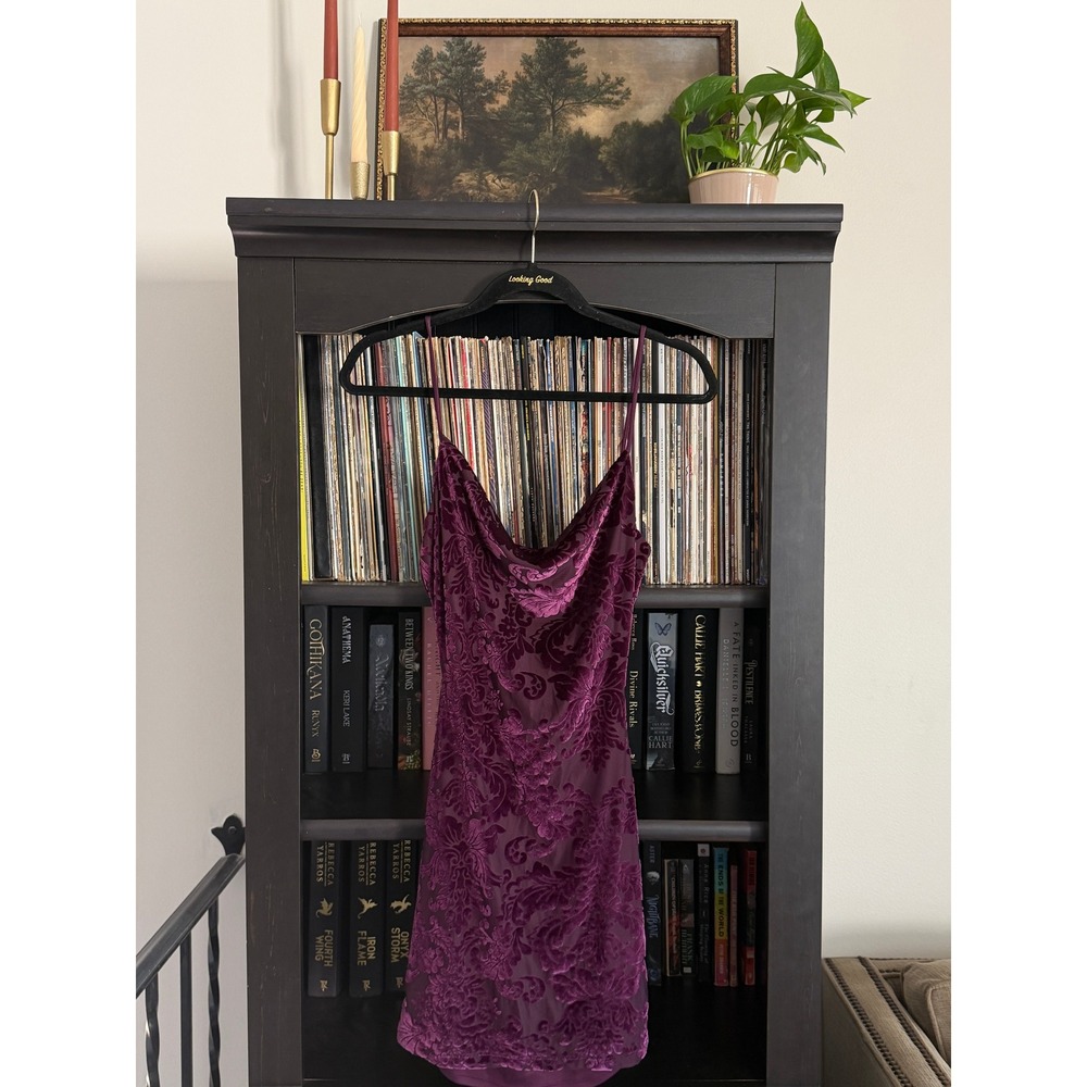 Windsor Mini Dress S Purple Velvet Damask Burnout Cowl Neck Party